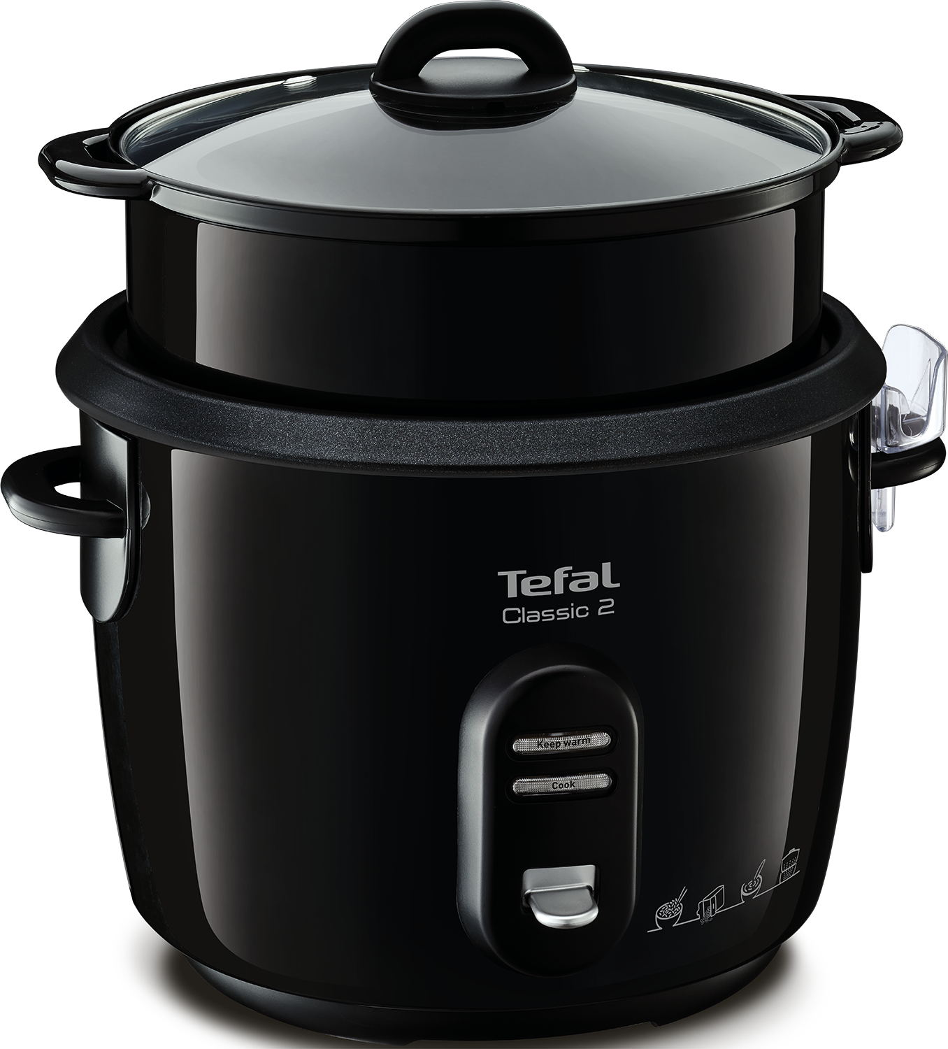 Black Tefal Classic 2 rice cooker with a glass lid. It has keep warm and cook buttons on the front.