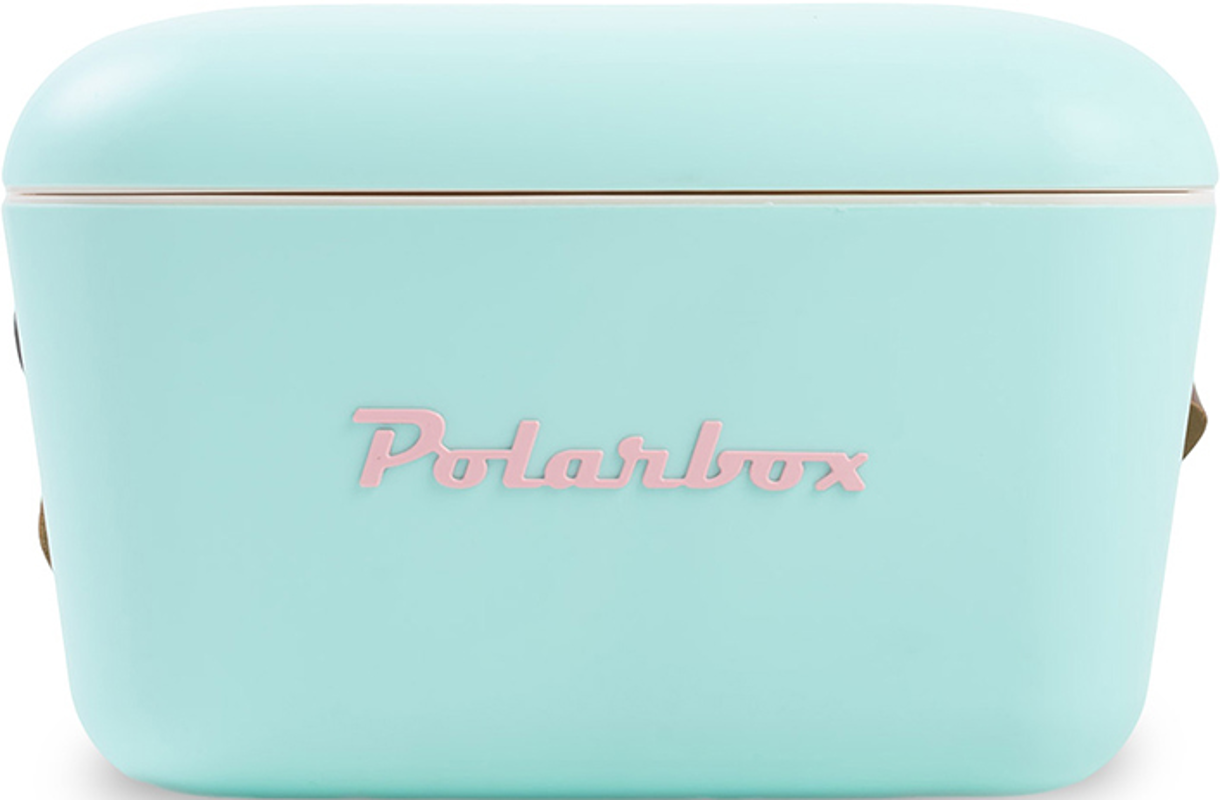 Une glacière bleu clair avec le mot 'Polarbox' en rose sur le devant.