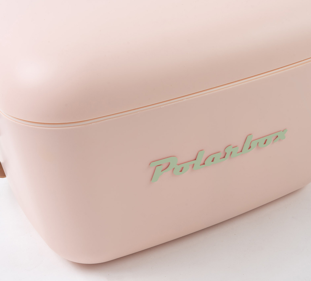 Eine rosa Kühlbox mit dem Wort „Polarbox“ in grünen Buchstaben. Weißer Hintergrund.