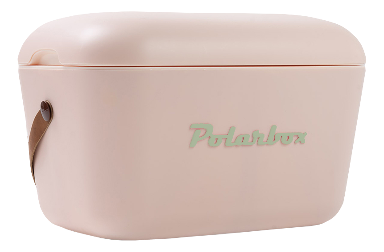 Rosa Kühlbox mit Griff und dem Wort "Polarbox" in Grün.
