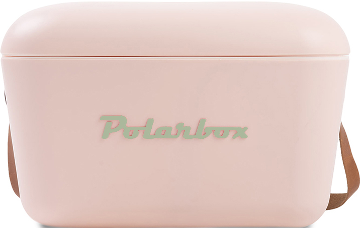 Eine rosa Kühlbox mit Deckel. Der Text darauf lautet 'Polarbox' in Grün.