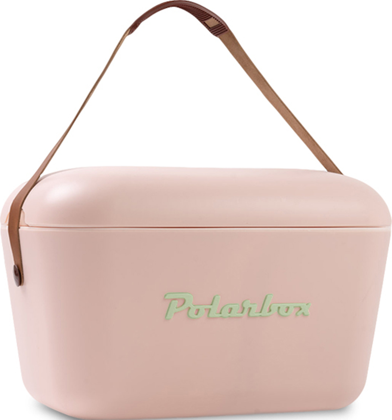 Rosa Kühlbox mit braunem Griff und dem Wort 'Polarbox' in Grün.