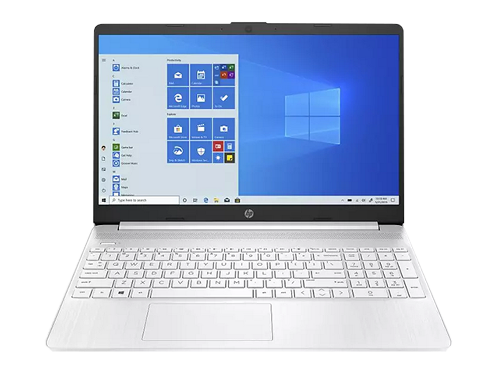 Ordenador portátil blanco con la interfaz de Windows 10 en la pantalla. El teclado es blanco.