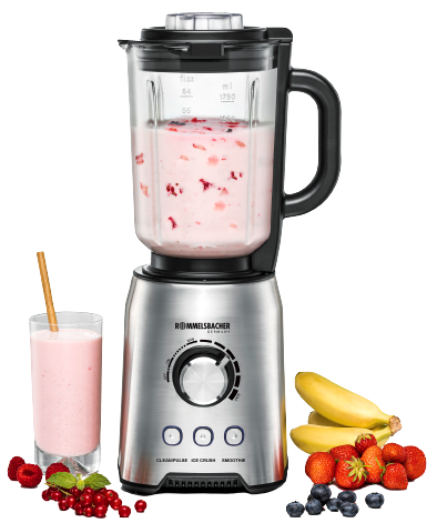 Mixer mit Smoothie im Glas und Früchten.