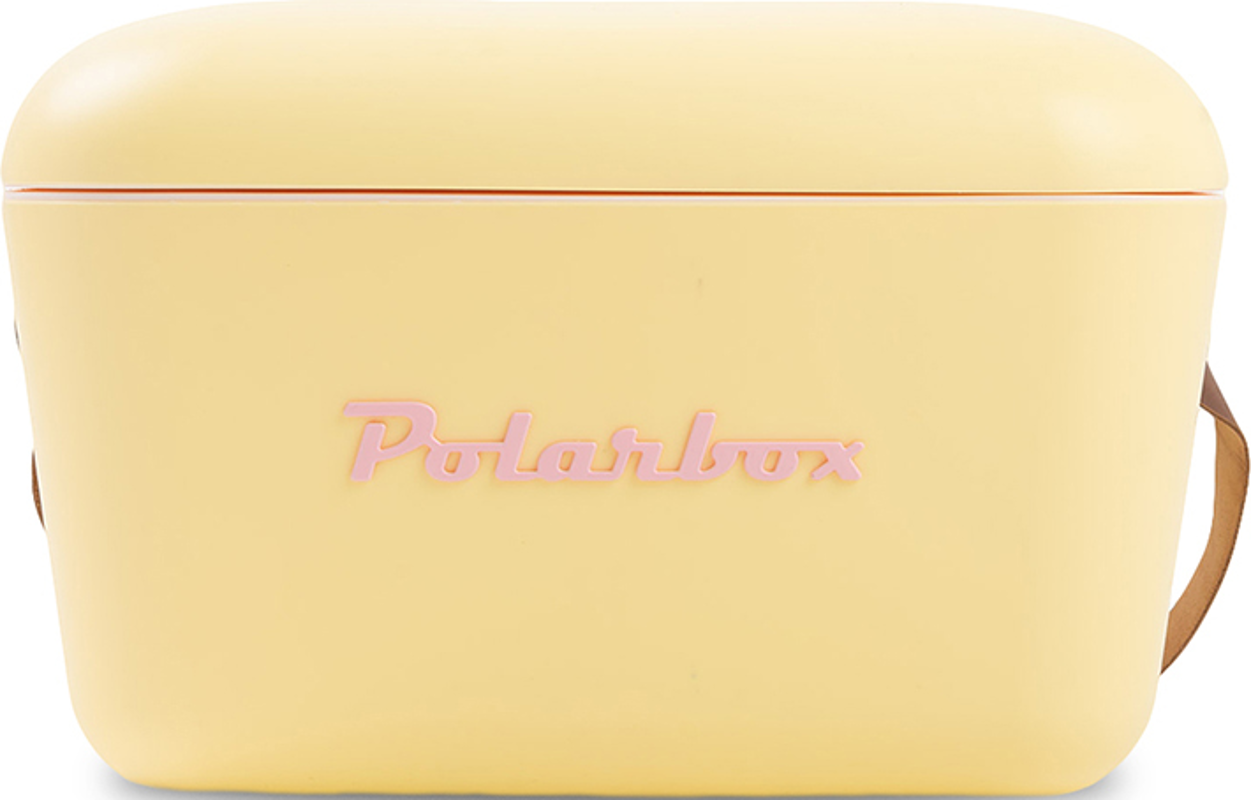 Glacière Polarbox jaune. Comprend un couvercle, une sangle et le logo Polarbox en rose.