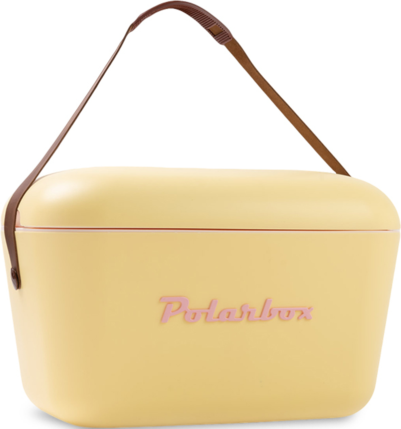 Sac isotherme jaune avec poignée marron et texte rose 'Polarbox'.