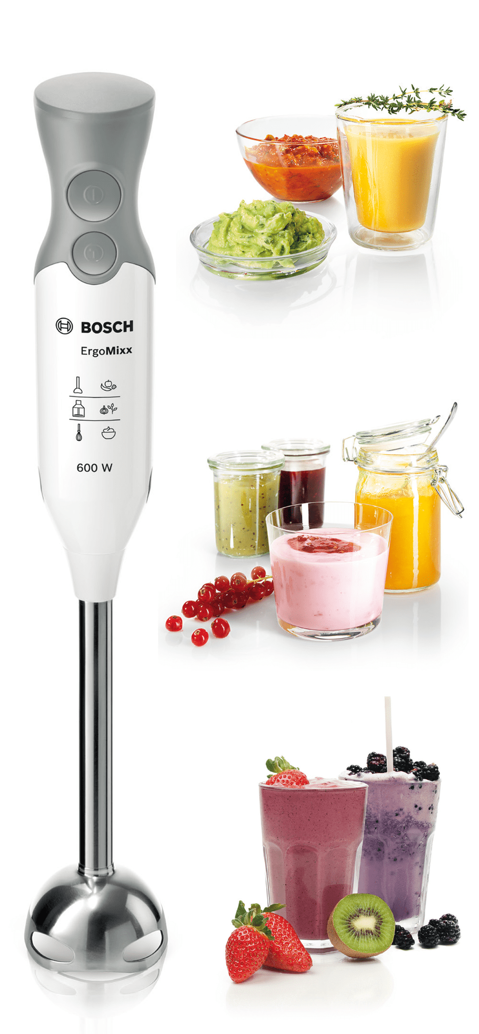 Fehér-szürke Bosch ErgoMixx botmixer. Több pohár smoothie látható.