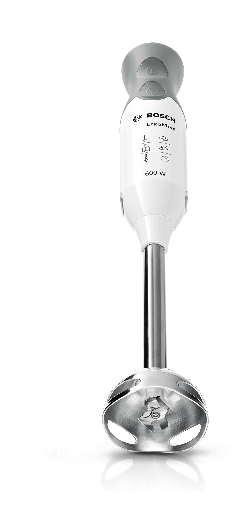 Fehér Bosch ErgoMixx botmixer rozsdamentes acél keverőfejjel.