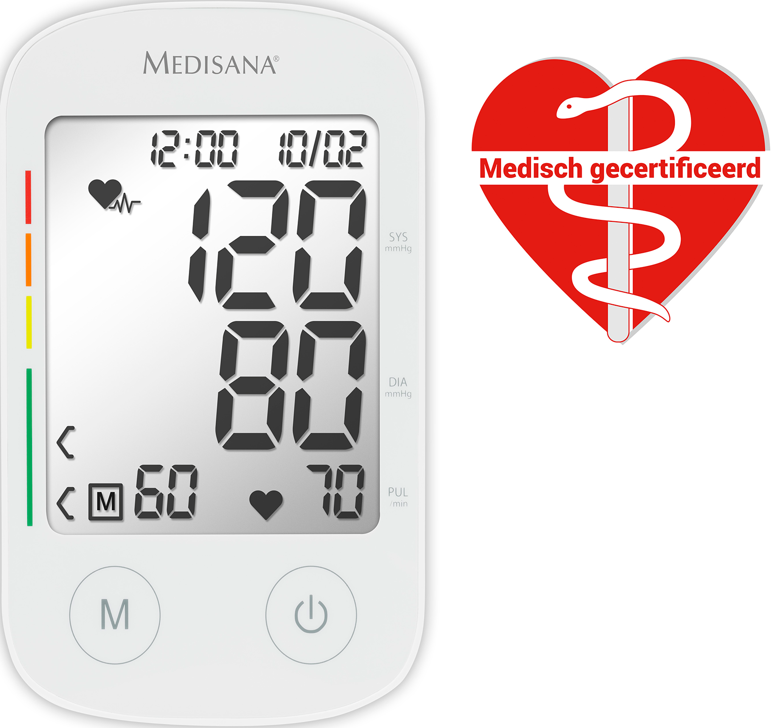 Witte bloeddrukmeter met metingen. Rood hartlogo met medisch symbool. Datum en tijd weergegeven.
