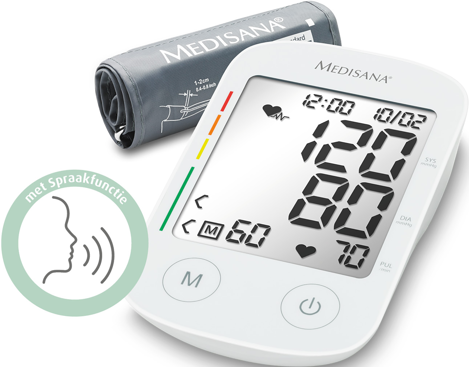 Witte bloeddrukmeter met manchet. Het toont metingen en heeft een luidsprekerpictogram dat de stemfunctie aangeeft.