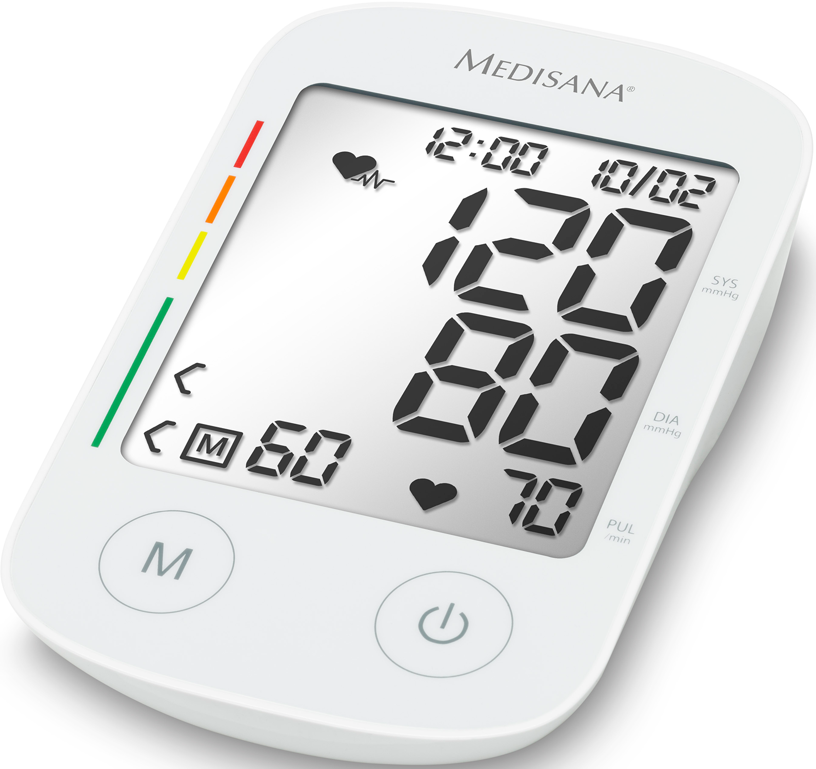 Een witte digitale bloeddrukmeter die waarden en tijd weergeeft.