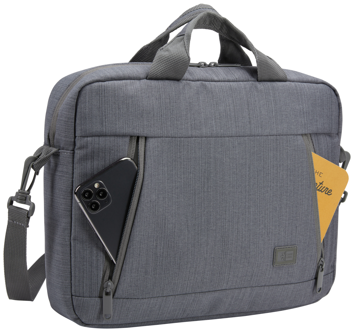 Gray briefcase with a phone in the pocket and a notepad.
