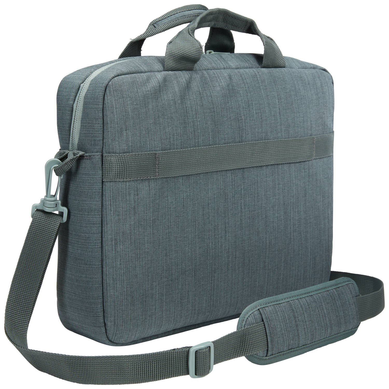 Gray laptop bag. Has a shoulder strap, carrying handles, and a zipper. The bag is on a white background.