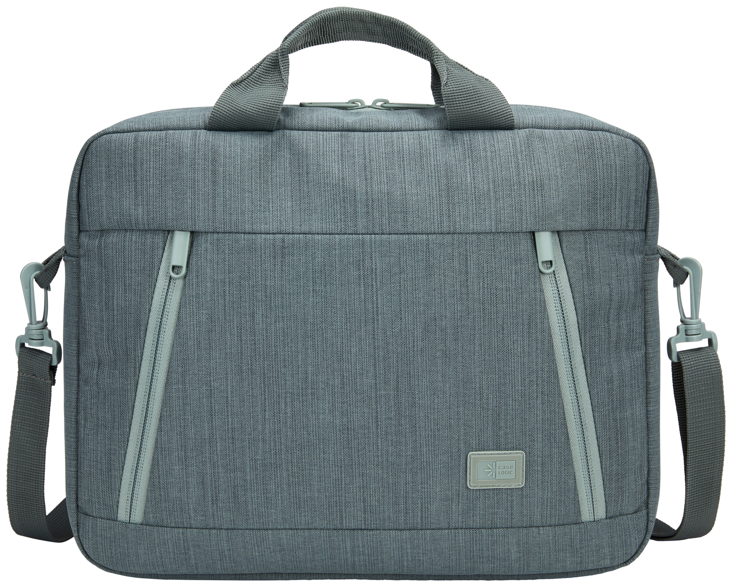 Gray laptop bag with zippers, handle, shoulder strap, and a logo on the bottom.