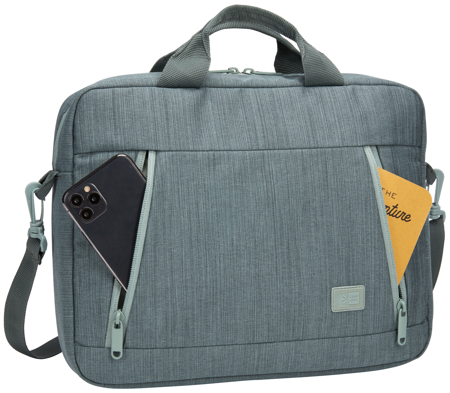 Green-grey fabric briefcase. Black phone and yellow notepad in pockets. Shoulder strap attached.
