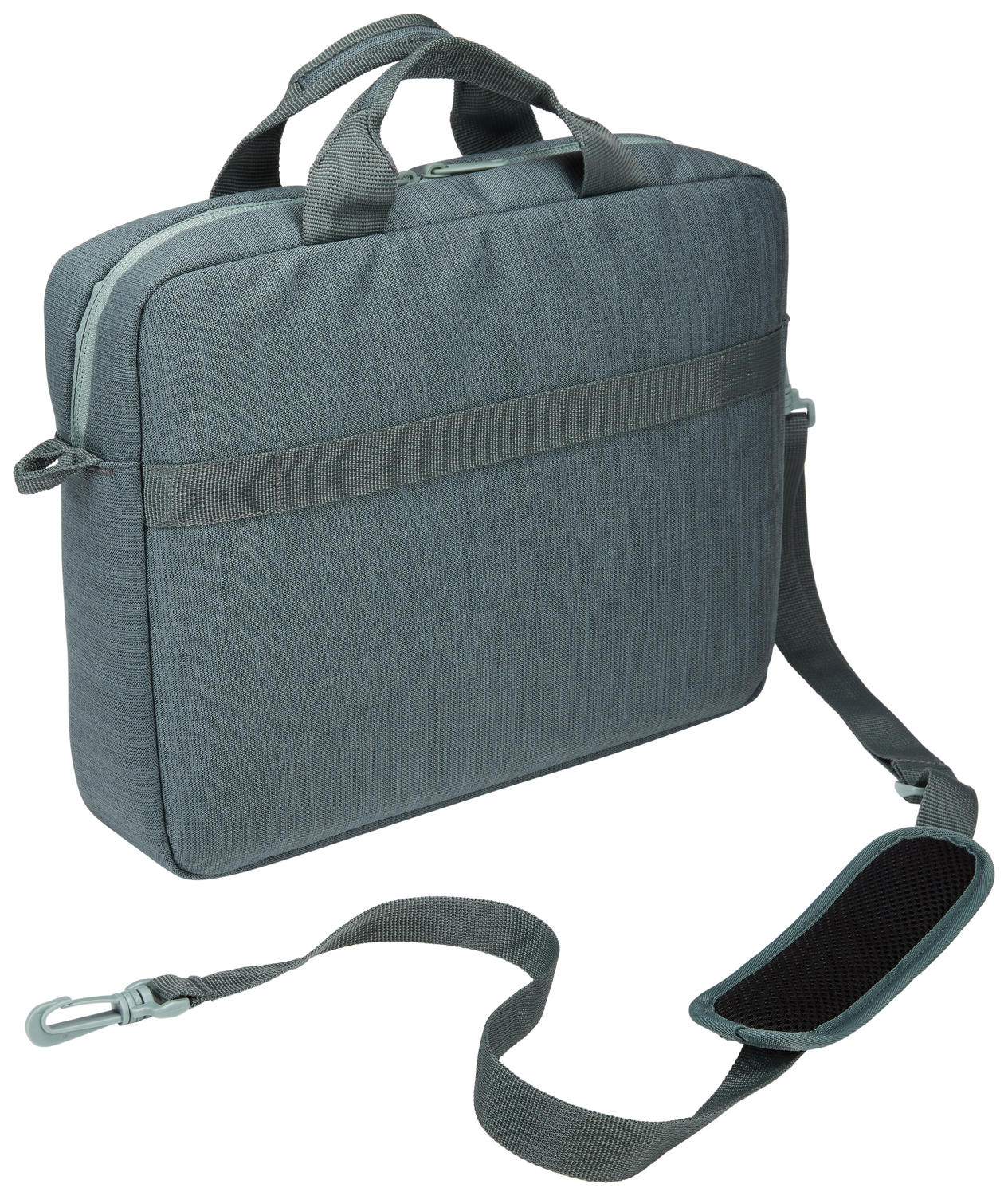 Gray briefcase with a shoulder strap.