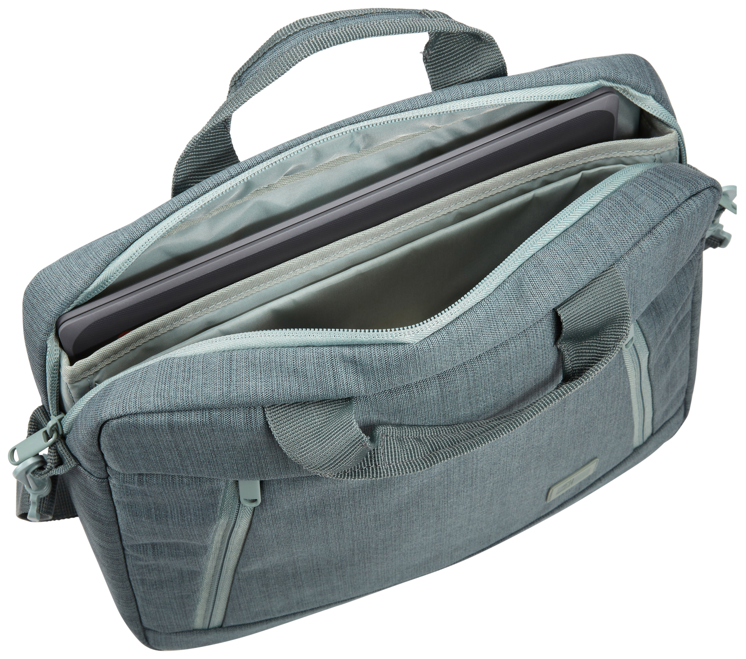 Gray laptop bag, open, with a laptop visible inside.
