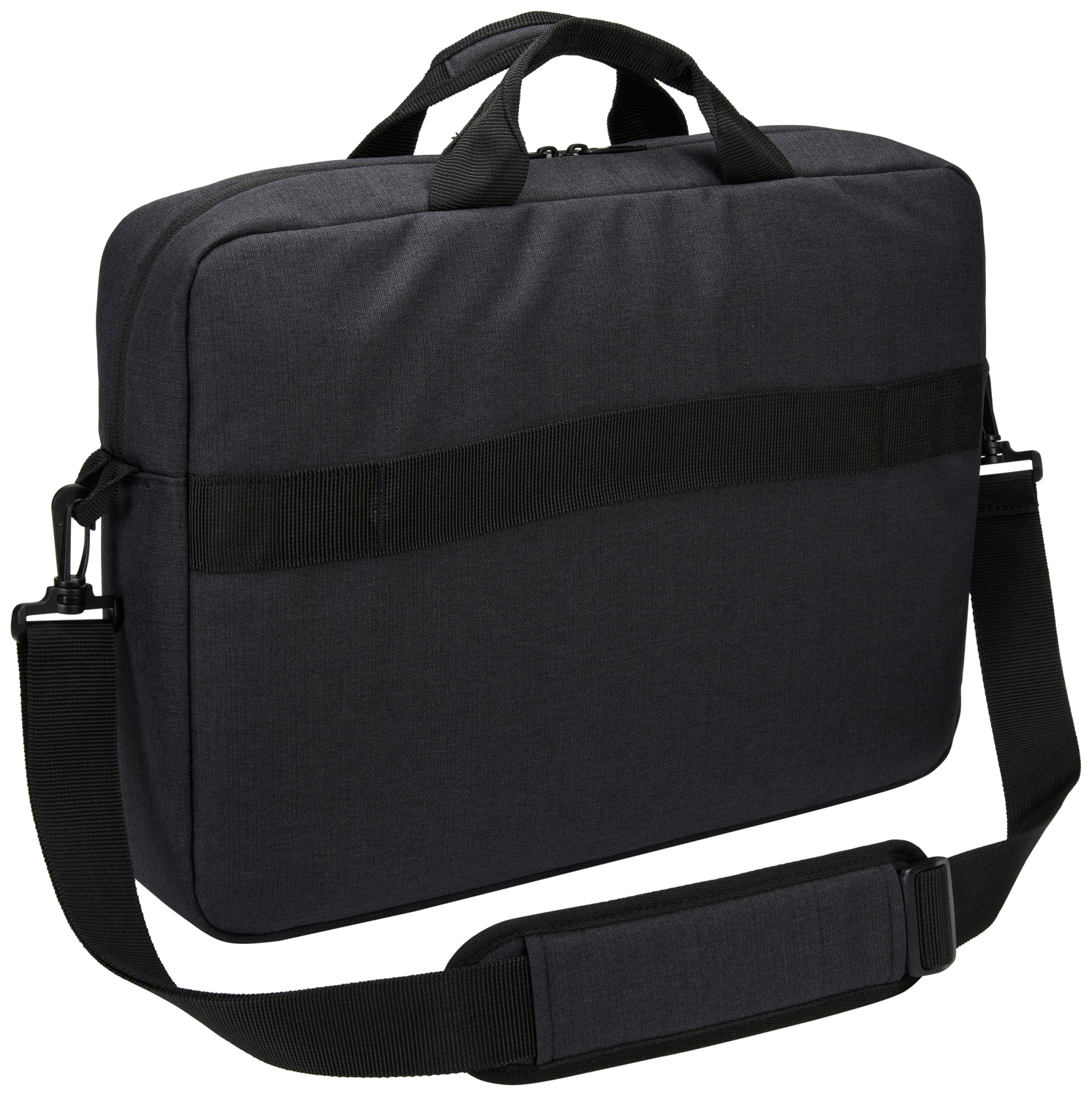 A black laptop bag with a handle and a shoulder strap. The bag is plain and has a strap across.