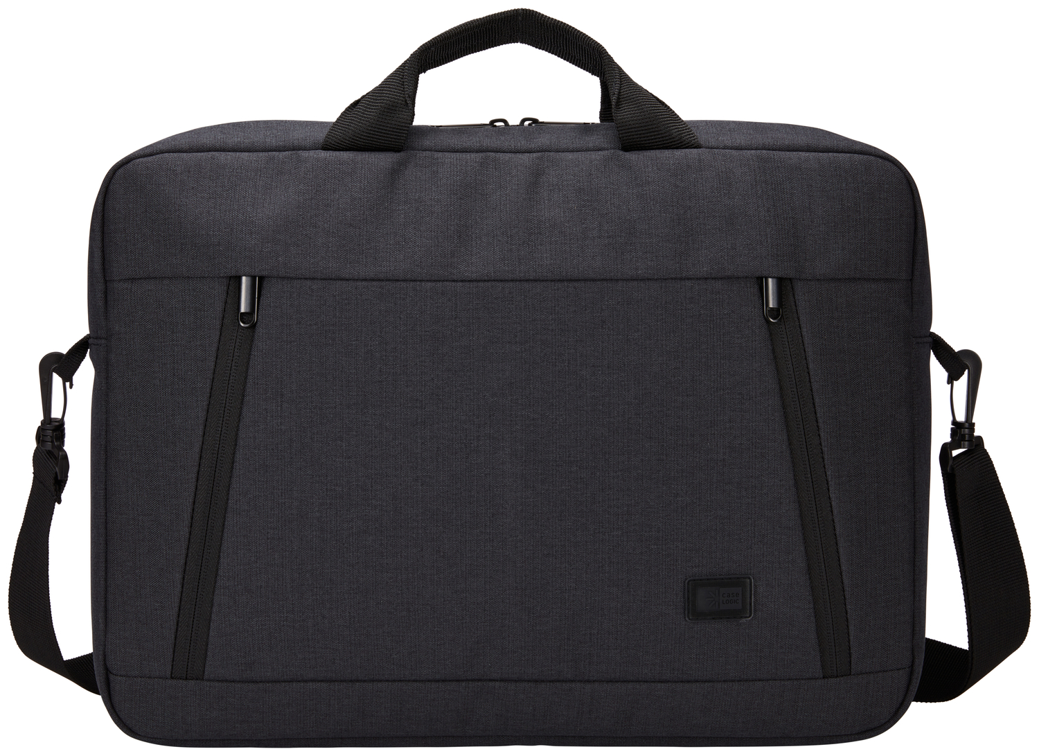 Black Case Logic briefcase.  Features two front zippers and a shoulder strap.