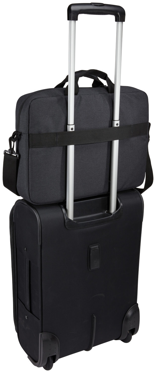 A black suitcase with a black bag on top, attached to the handle. The bag has a shoulder strap.