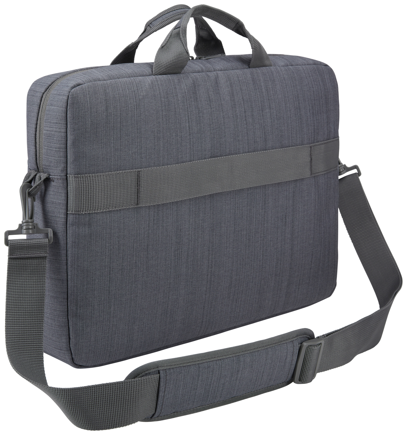 A gray briefcase bag with a shoulder strap, handle, and a strap across the middle.