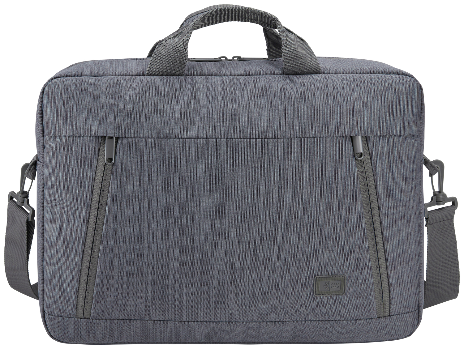 Gray laptop bag with two zippers on the front, a shoulder strap, and a handle. White background.