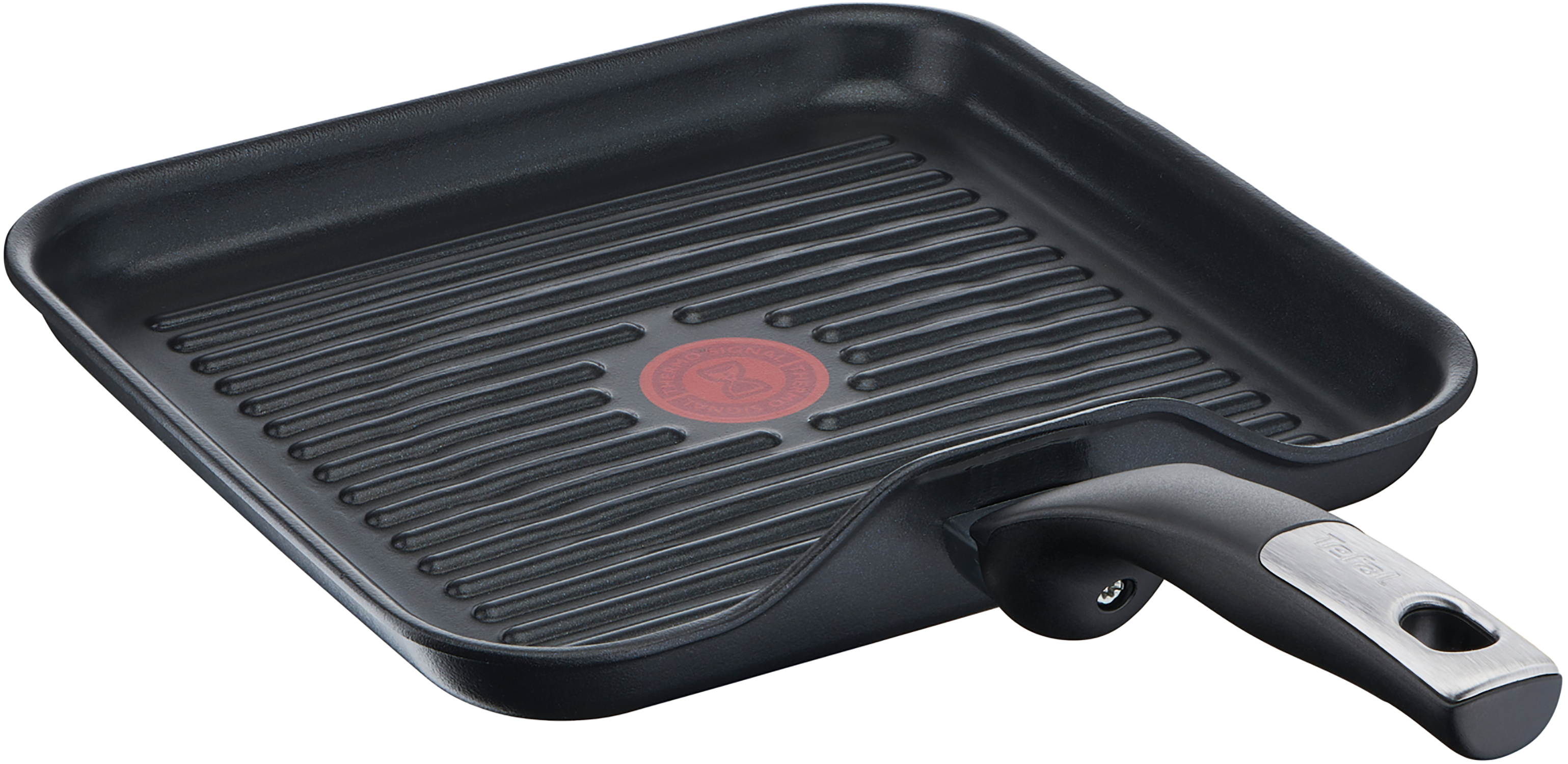 Black grill pan with handle, red logo in the center. Ribbed cooking surface.