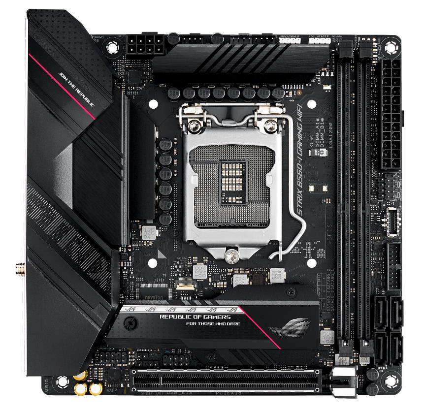 Ein Computer-Motherboard. Es ist schwarz mit roten und silbernen Akzenten. Verschiedene Komponenten sind sichtbar.