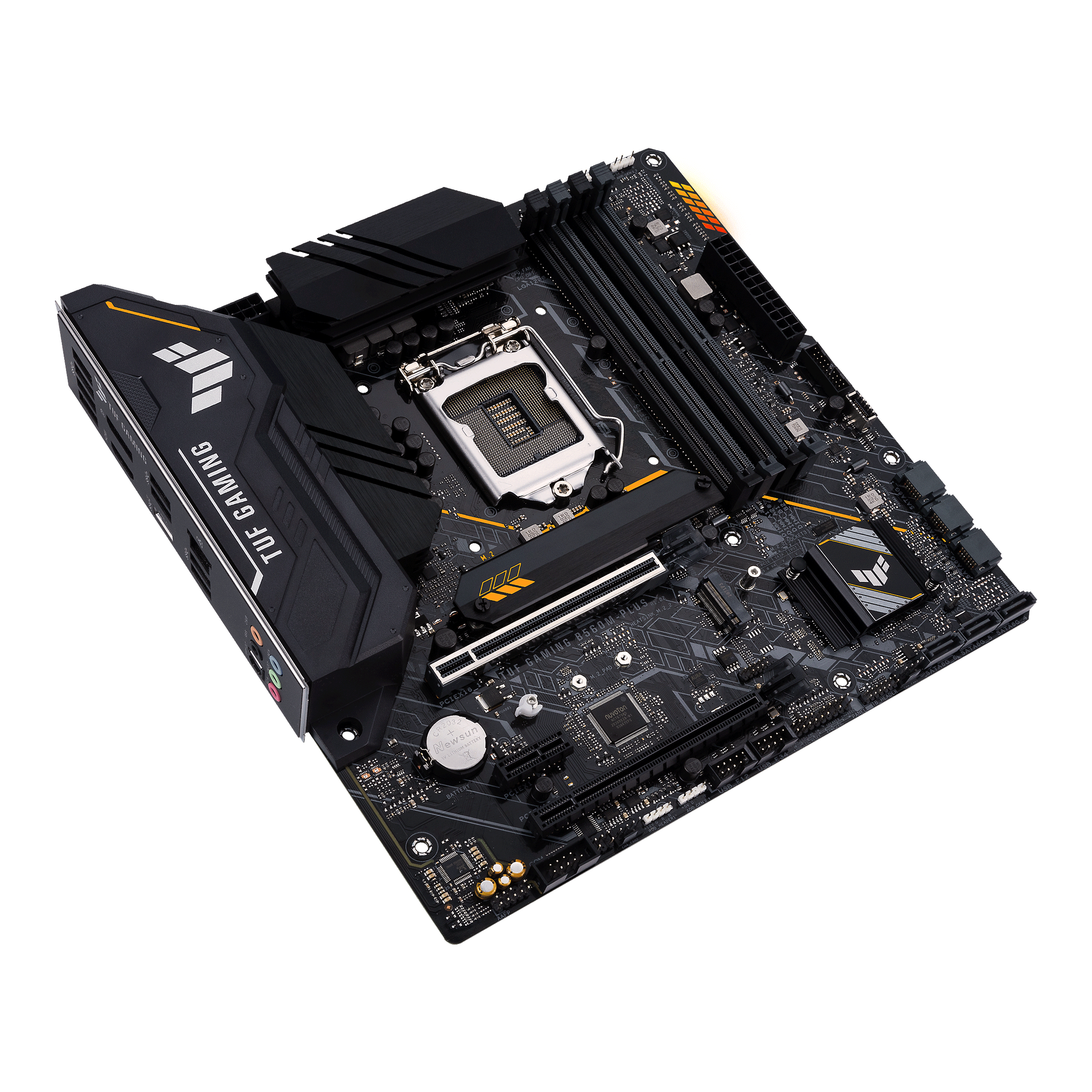 Computer-Motherboard. Schwarz und gelb. Hat einen CPU-Sockel und verschiedene Komponenten.