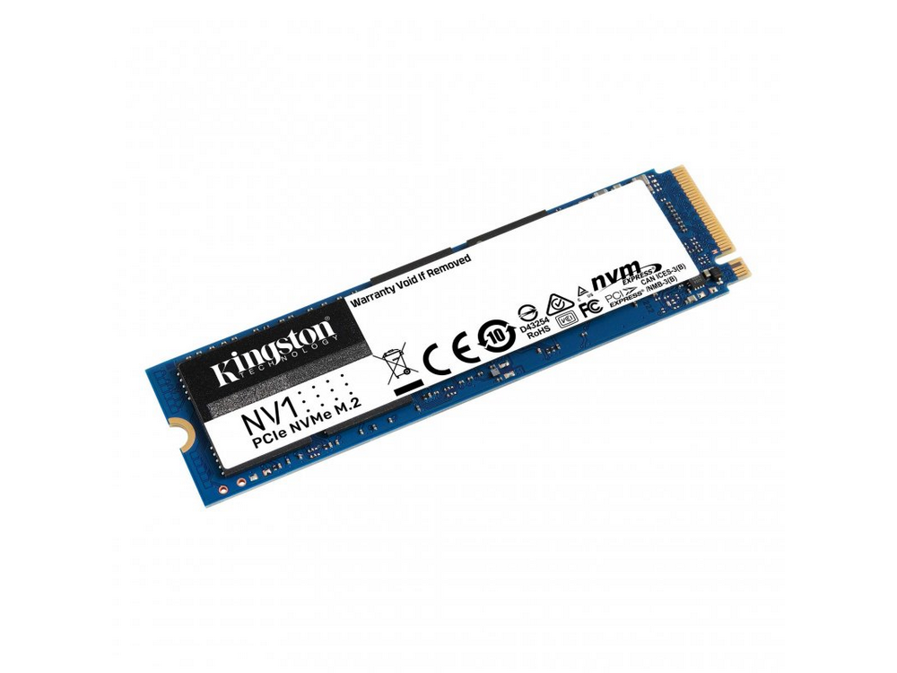 SSD Kingston NVMe M.2 sobre fondo blanco. Placa de circuito azul.