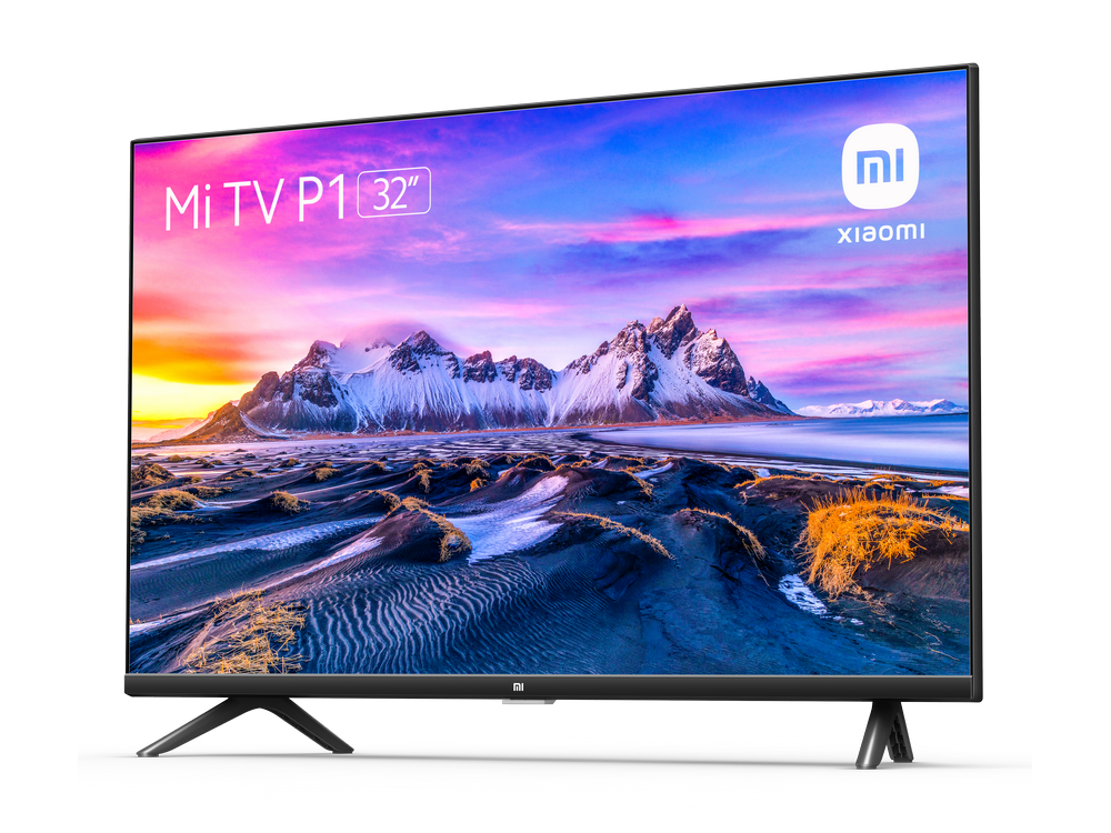Televisor Mi TV P1 32" mostrando una escena de montaña y agua.