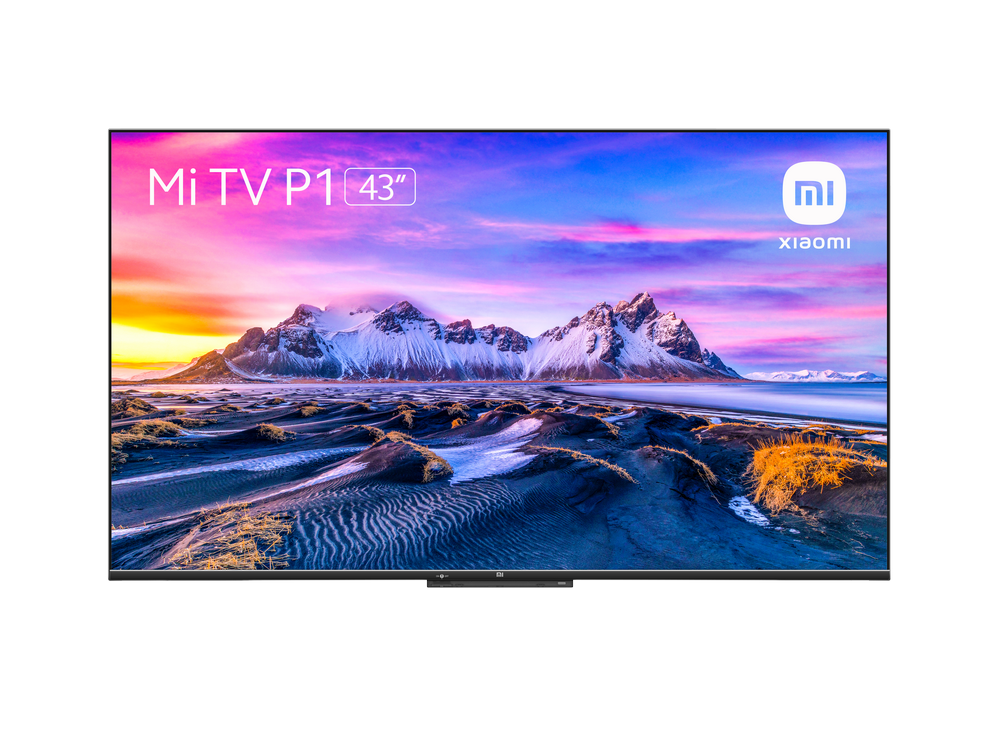 Pantalla de TV Mi TV P1 de 43 pulgadas, mostrando una imagen de paisaje con el logo de Xiaomi.