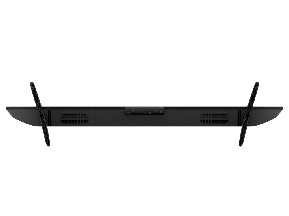 Vista superior de un televisor largo y negro con altavoces y puertos en la parte trasera.