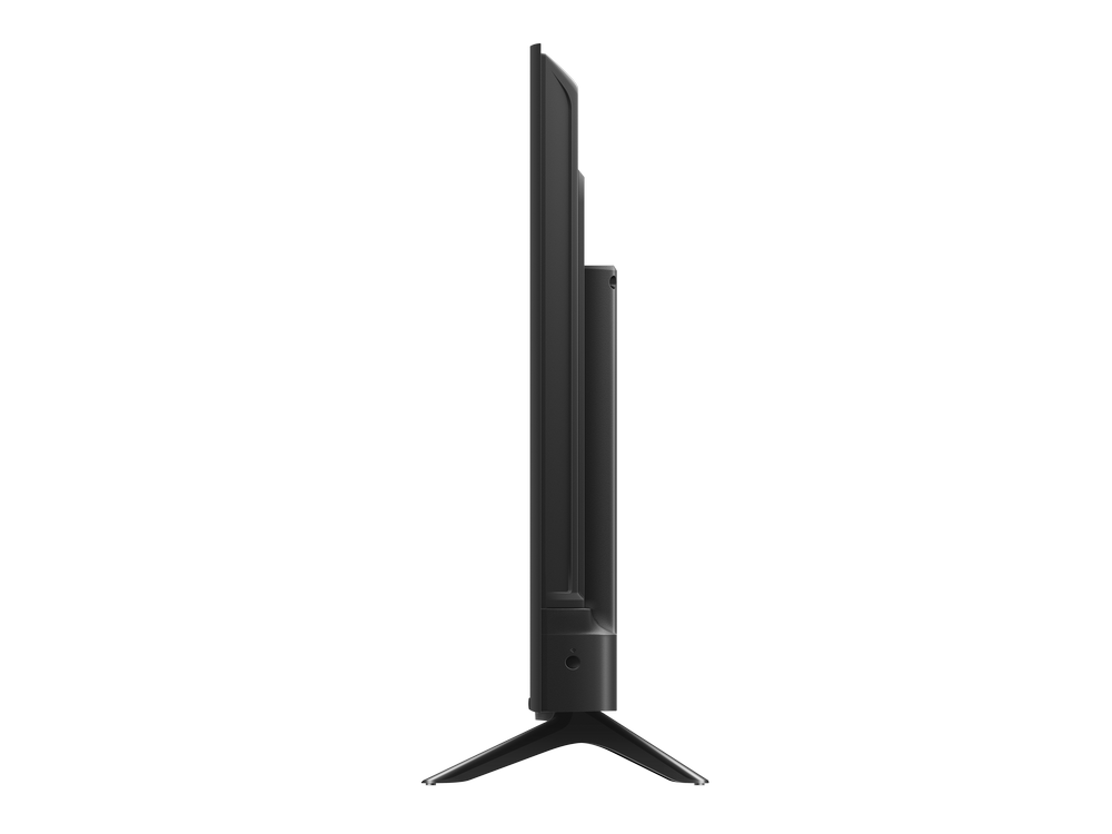 Vista lateral de un televisor negro sobre un soporte. La pantalla mira hacia la izquierda.