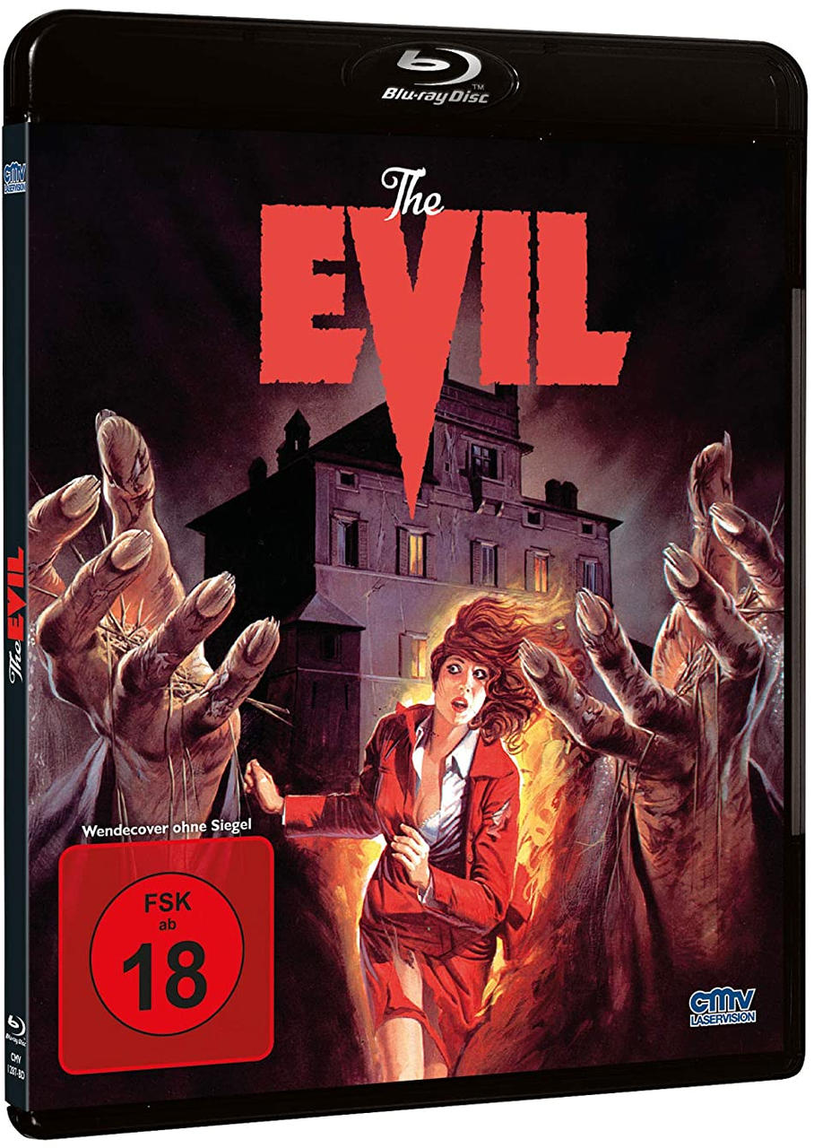 Filmcover: eine Frau in Rot rennt, Hände greifen, und ein gruseliges Haus.
