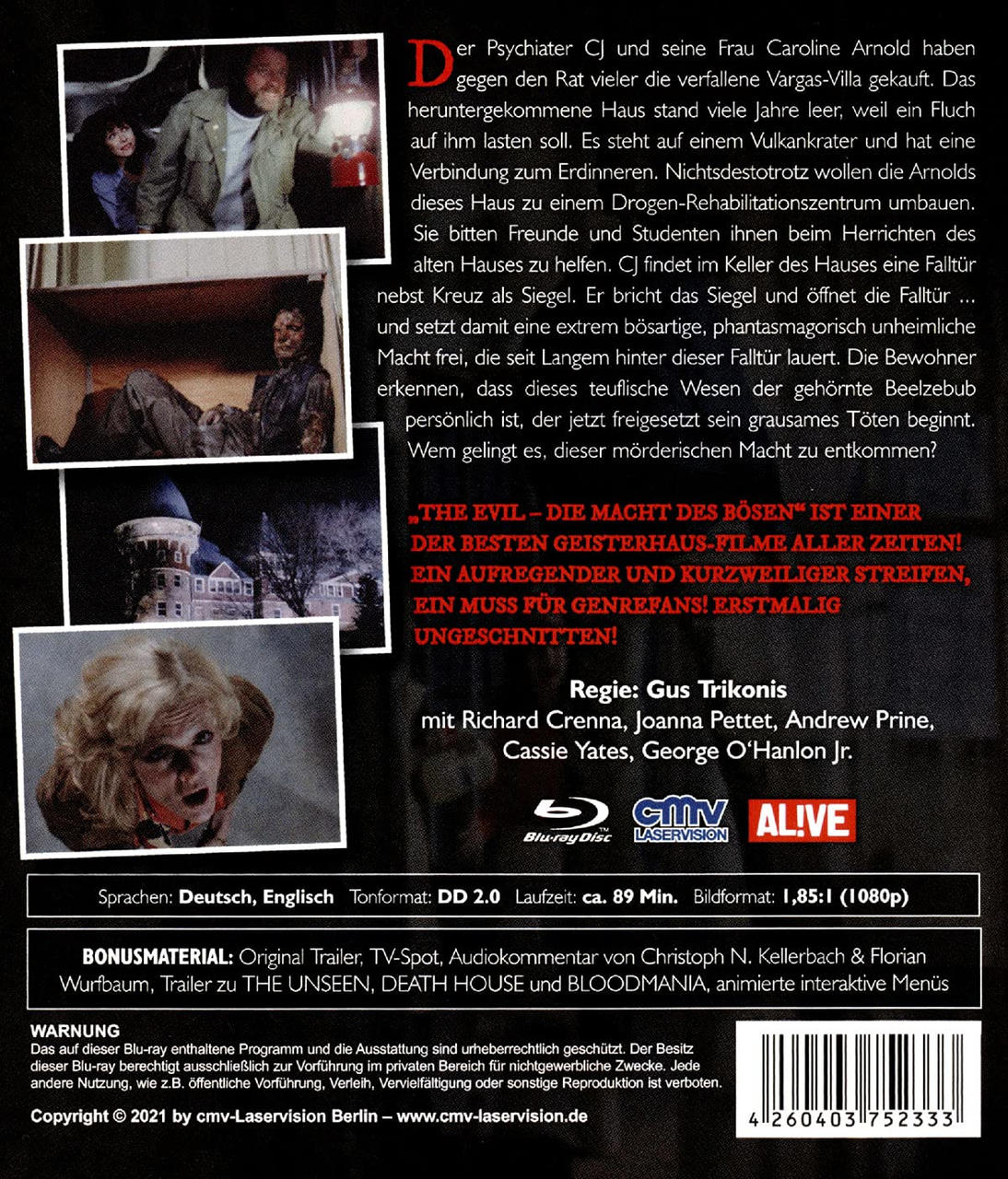 DVD-Cover für einen deutschen Horrorfilm mit Text und Bildern.