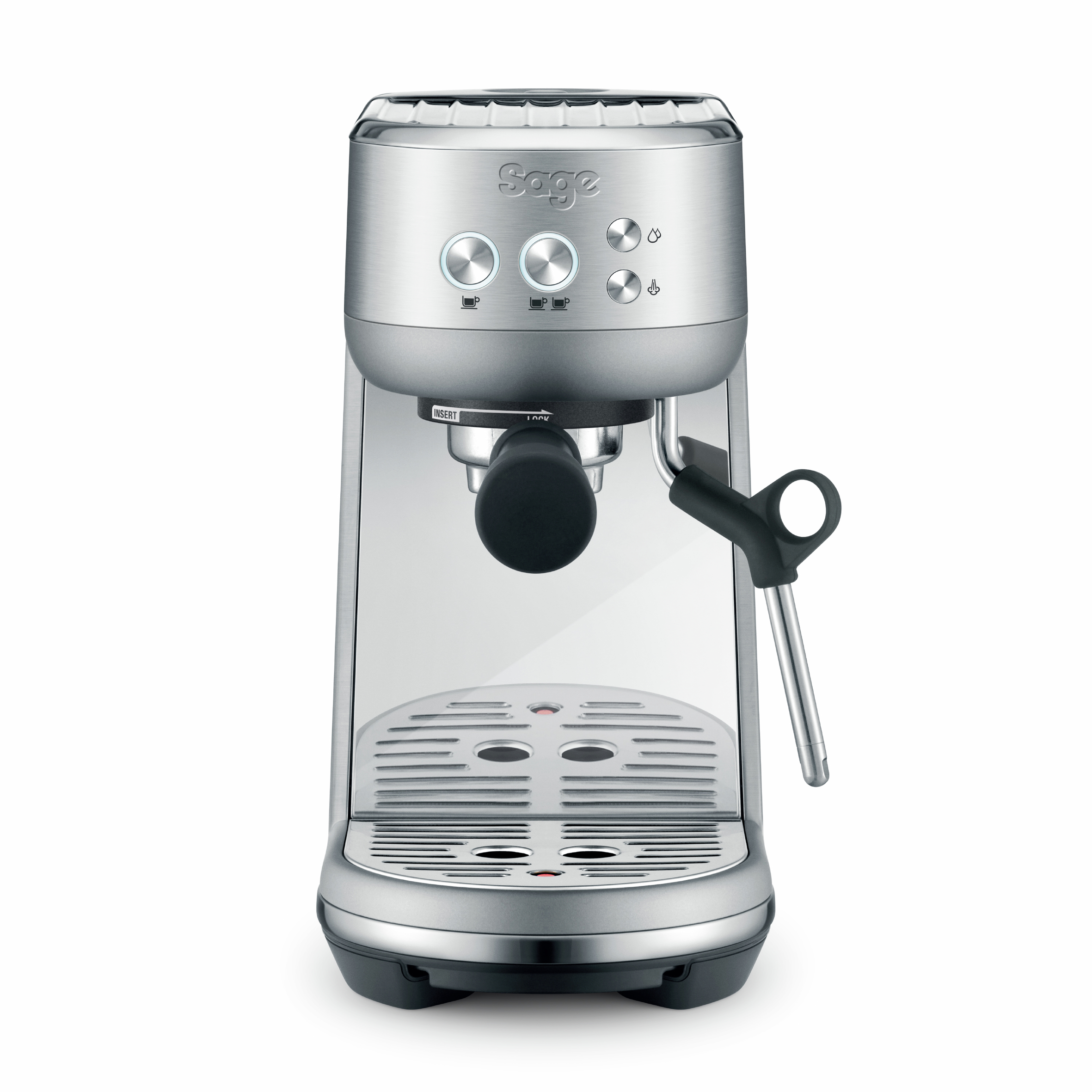 Silberne Espressomaschine. Sie hat Knöpfe, einen Siebträger und eine Abtropfschale.