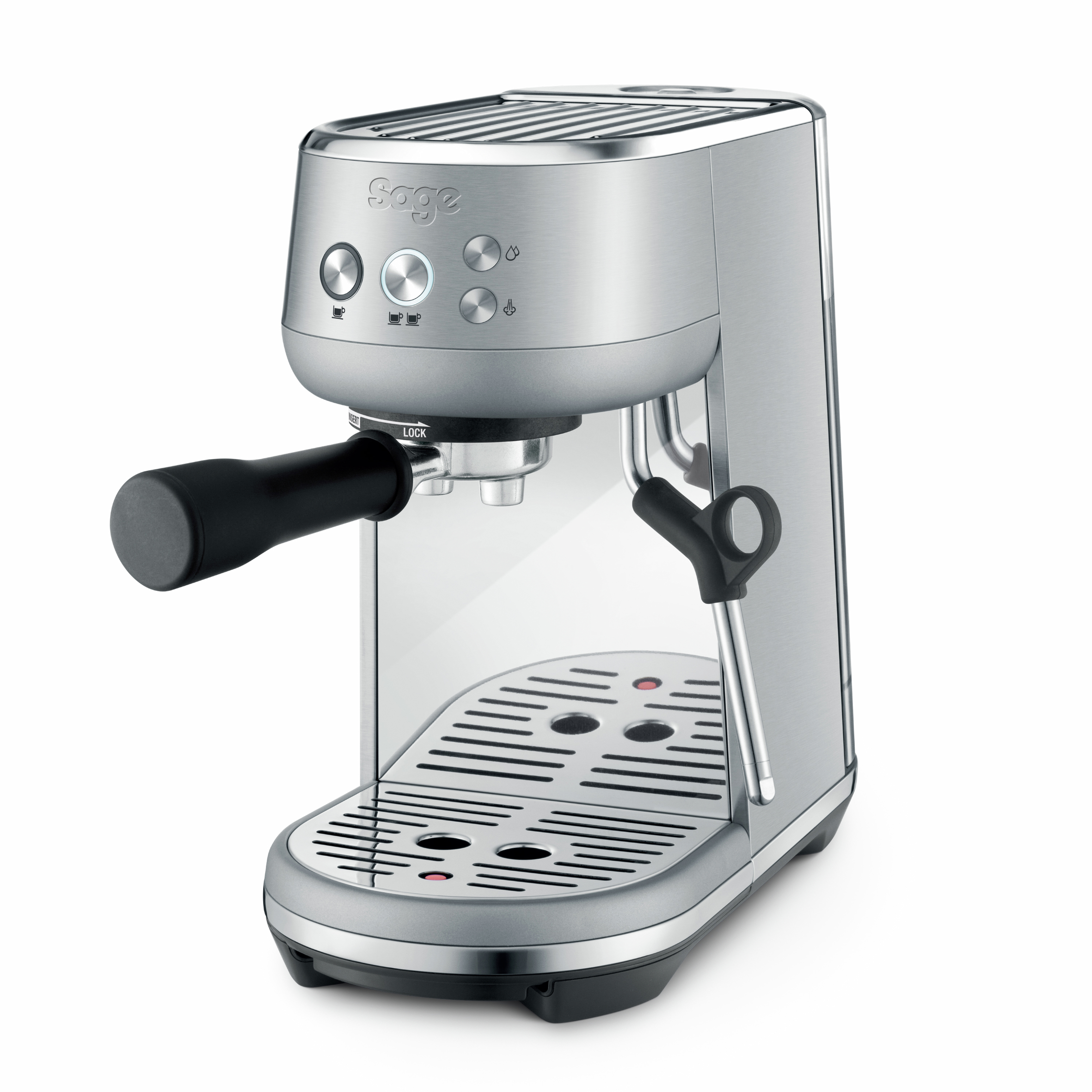 Silberne Espressomaschine mit schwarzem Griff und Knöpfen. Abtropfschale unter dem Ausguss.