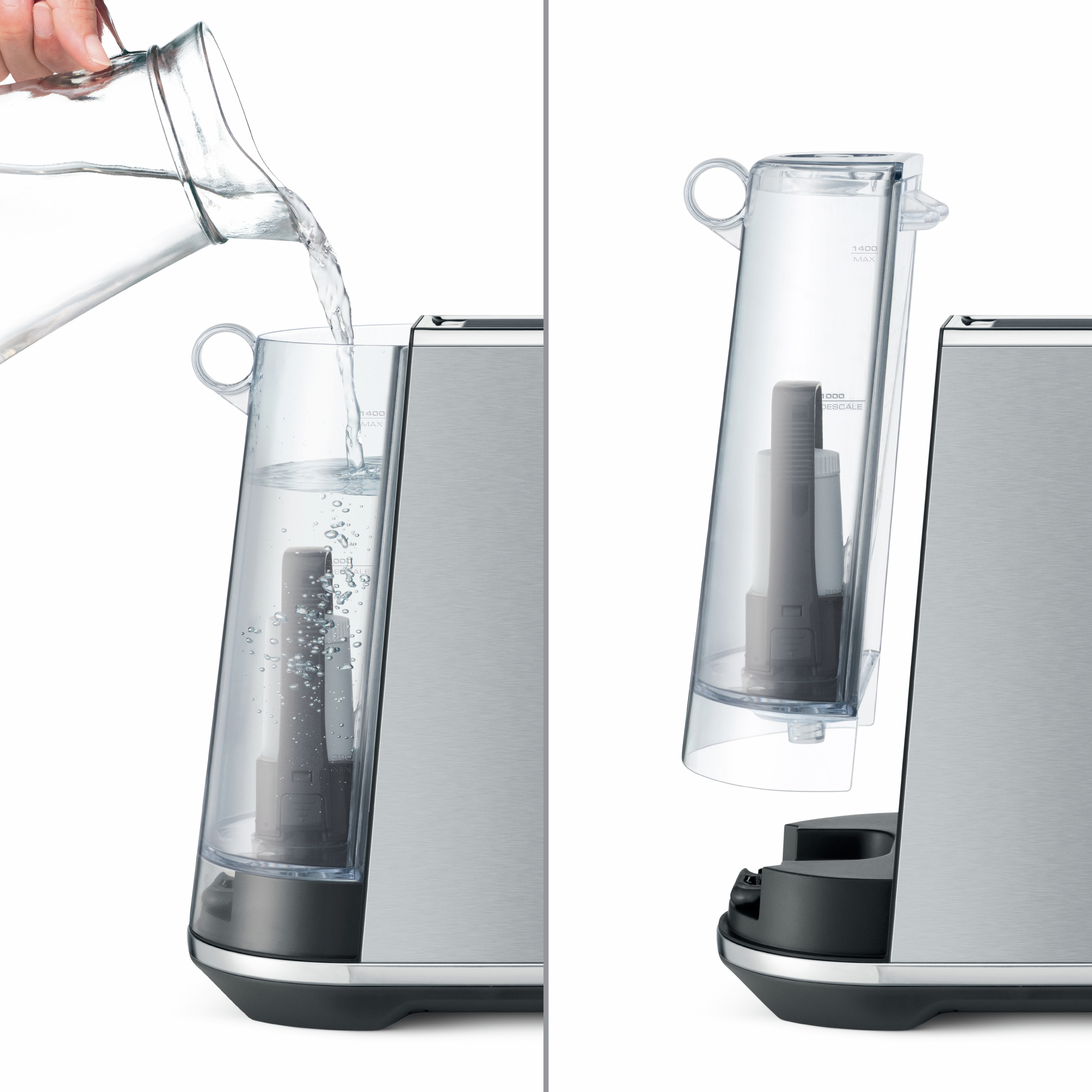 Wasser wird in den Wassertank einer Maschine gegossen, Seitenansicht des Tanks.