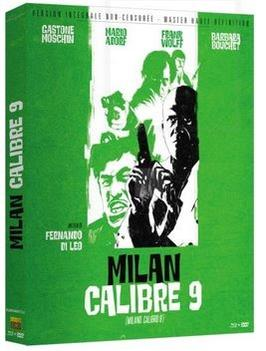 DVD-box van 'Milan Caliber 9'. Groene doos met zwart-wit afbeeldingen van mensen, waaronder een man met een pistool.