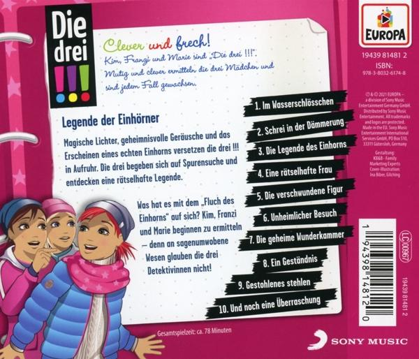 Rückseite eines deutschen Buches 'Die drei ???', mit drei Mädchen.