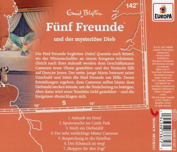 Rückseite eines Buchcovers. Es hat deutschen Text über 'Fünf Freunde'. Es gibt eine Zeichnung eines Hundes.
