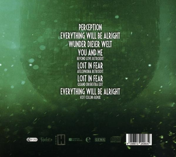 CD-Cover mit Songtiteln auf grünem Hintergrund. Titel wie 'Perception' und 'Everything Will Be Alright'.