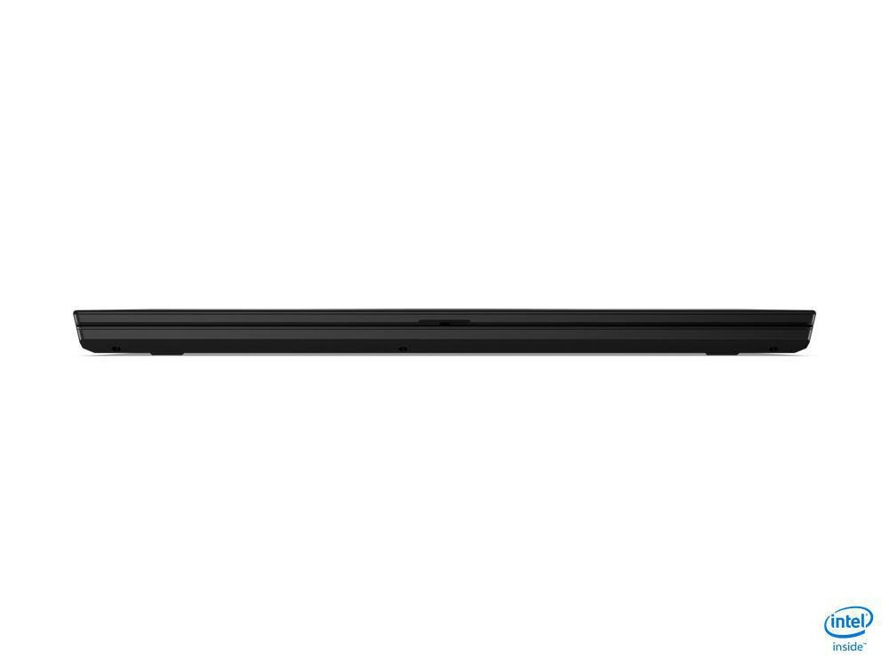 Schwarzer Laptop, geschlossen, von unten betrachtet, auf weißem Hintergrund.
