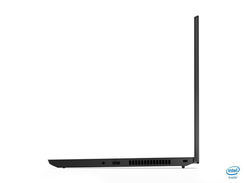 Seitenansicht Laptop, schwarz, geschlossen. Sauberes, schlichtes Design. Weißer Hintergrund.