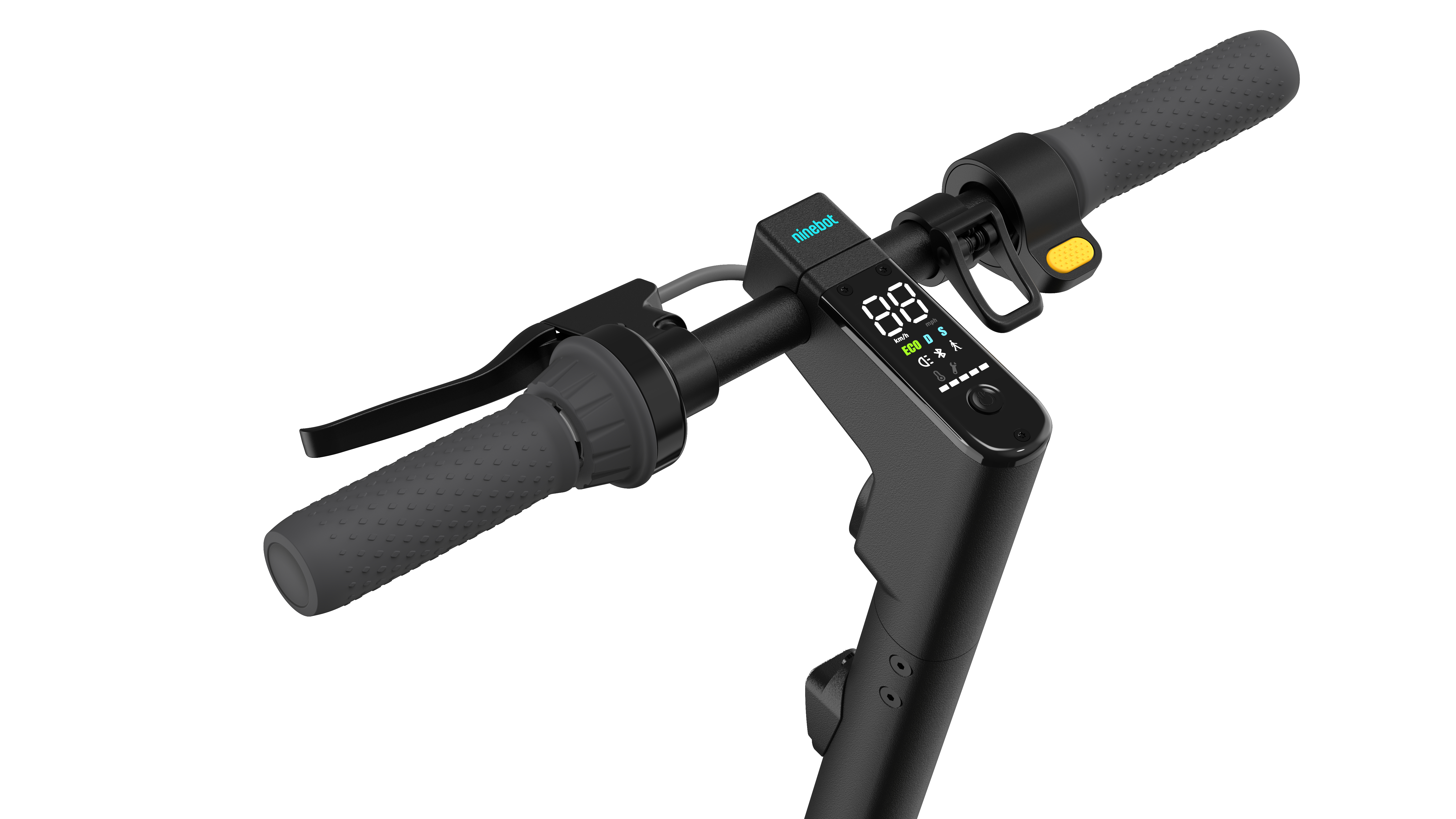 E-Scooter-Lenker mit Display und Bedienelementen. Der Roller ist schwarz und hat strukturierte Griffe.