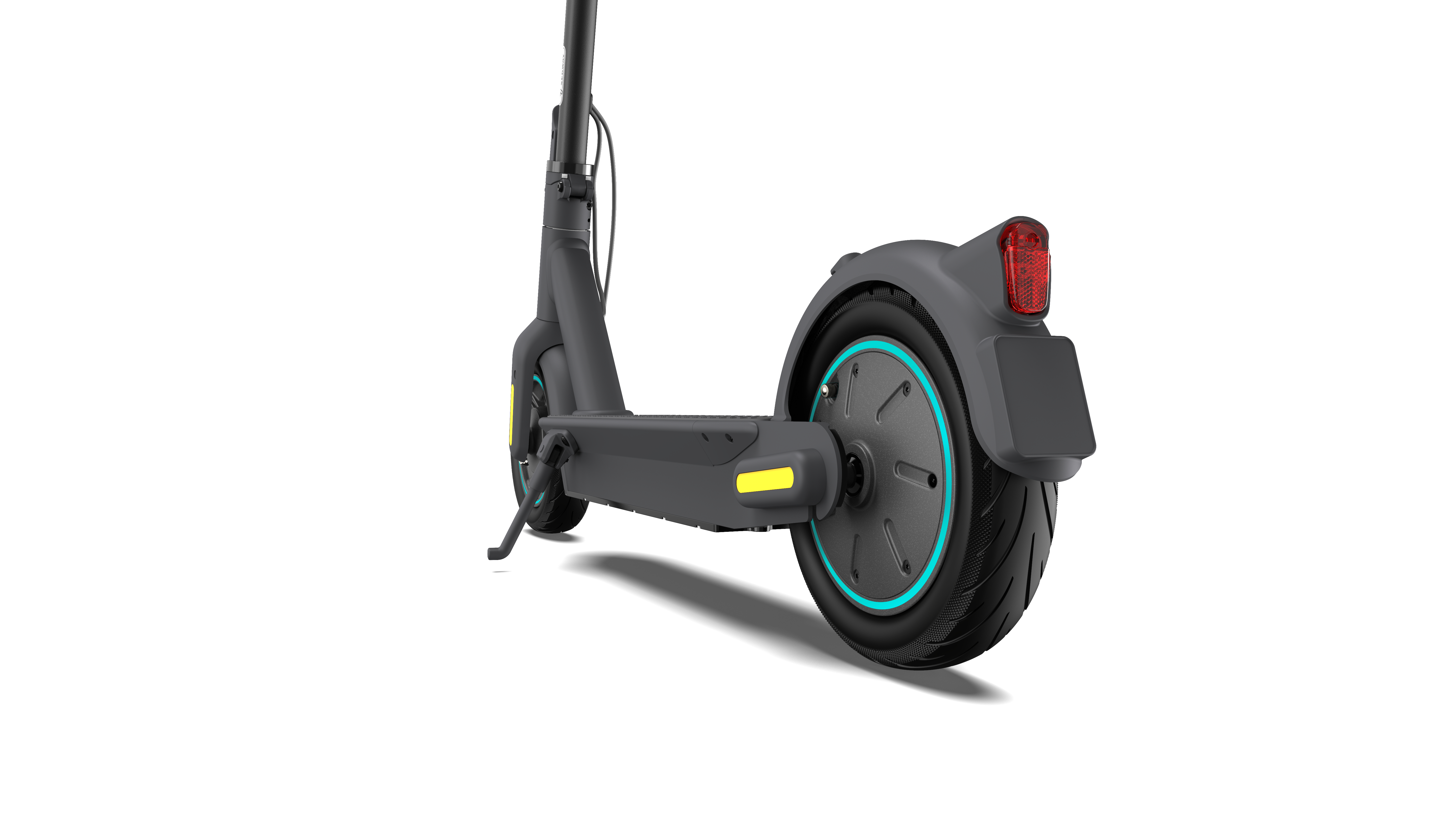 Rückansicht eines schwarz-grauen Elektrorollers mit teal-farbenem Rad und rotem Licht.