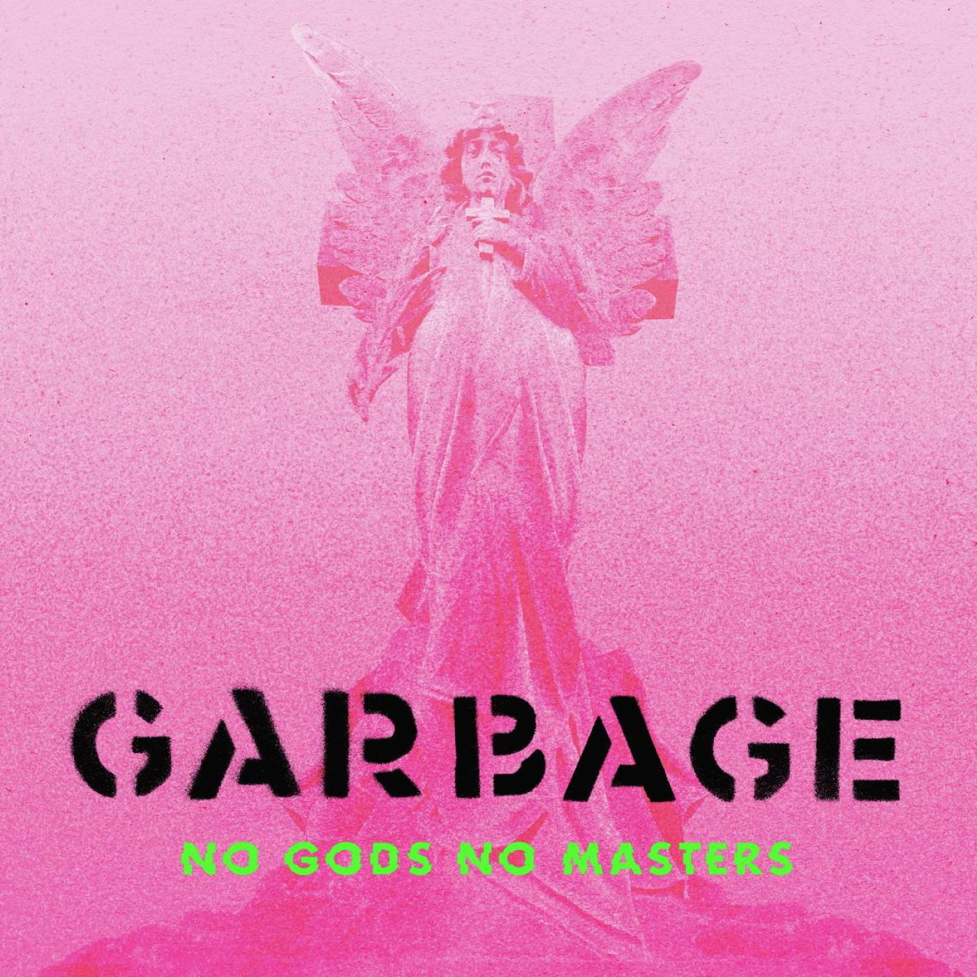 Rózsaszín albumborító szoborral és a 'GARBAGE' zenekar nevével nagy fekete betűkkel.