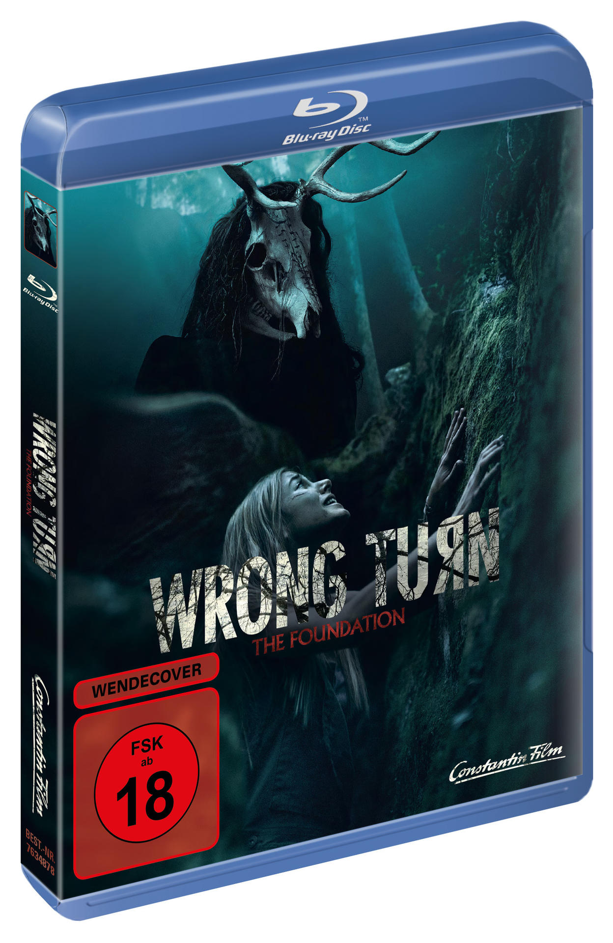 Blu-ray-Disc-Cover von 'Wrong Turn: The Foundation'. Es zeigt eine schädelmaskierte Figur.