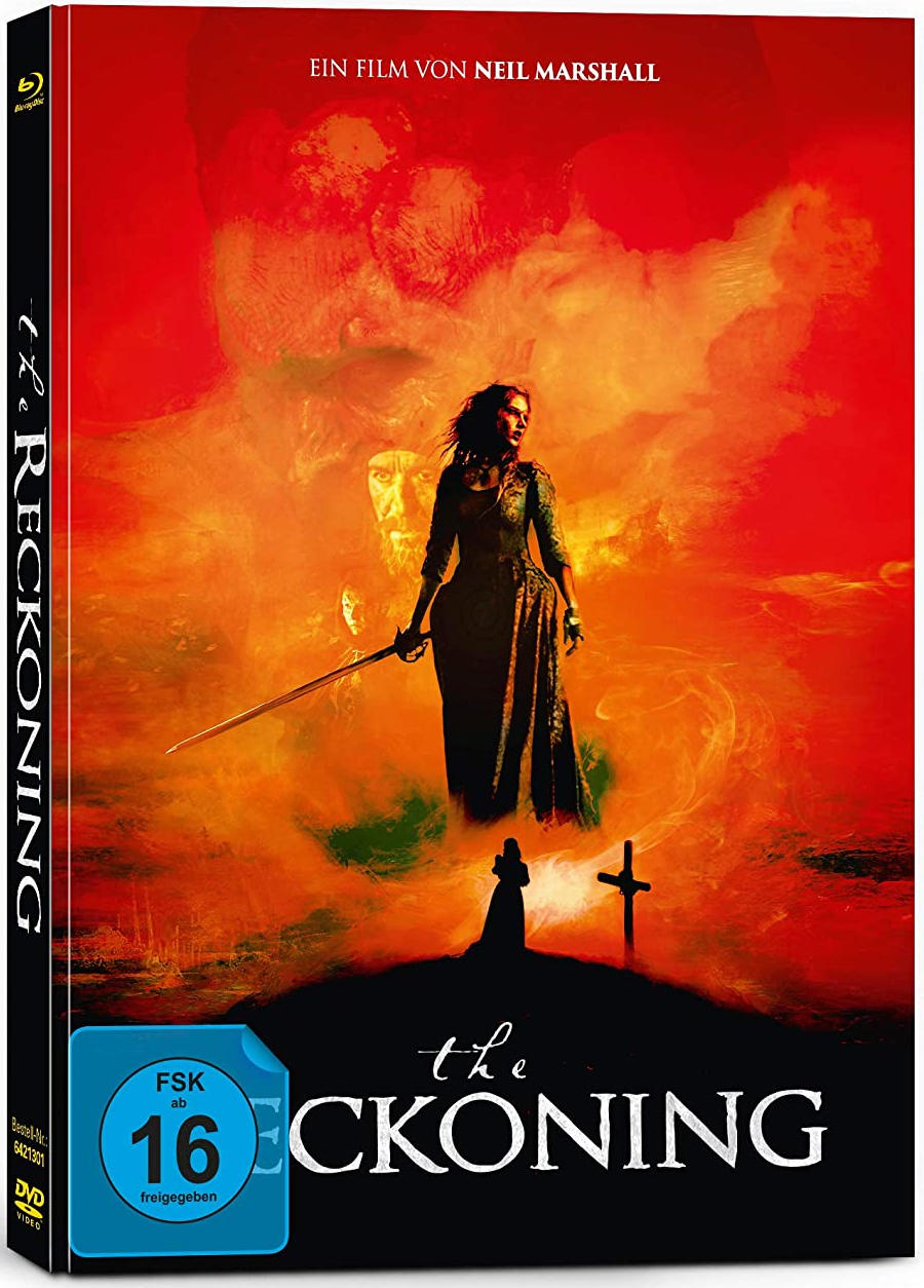 DVD-Hülle für den Film 'The Reckoning'. Zeigt eine Frau mit Schwert in einer feurigen Umgebung.